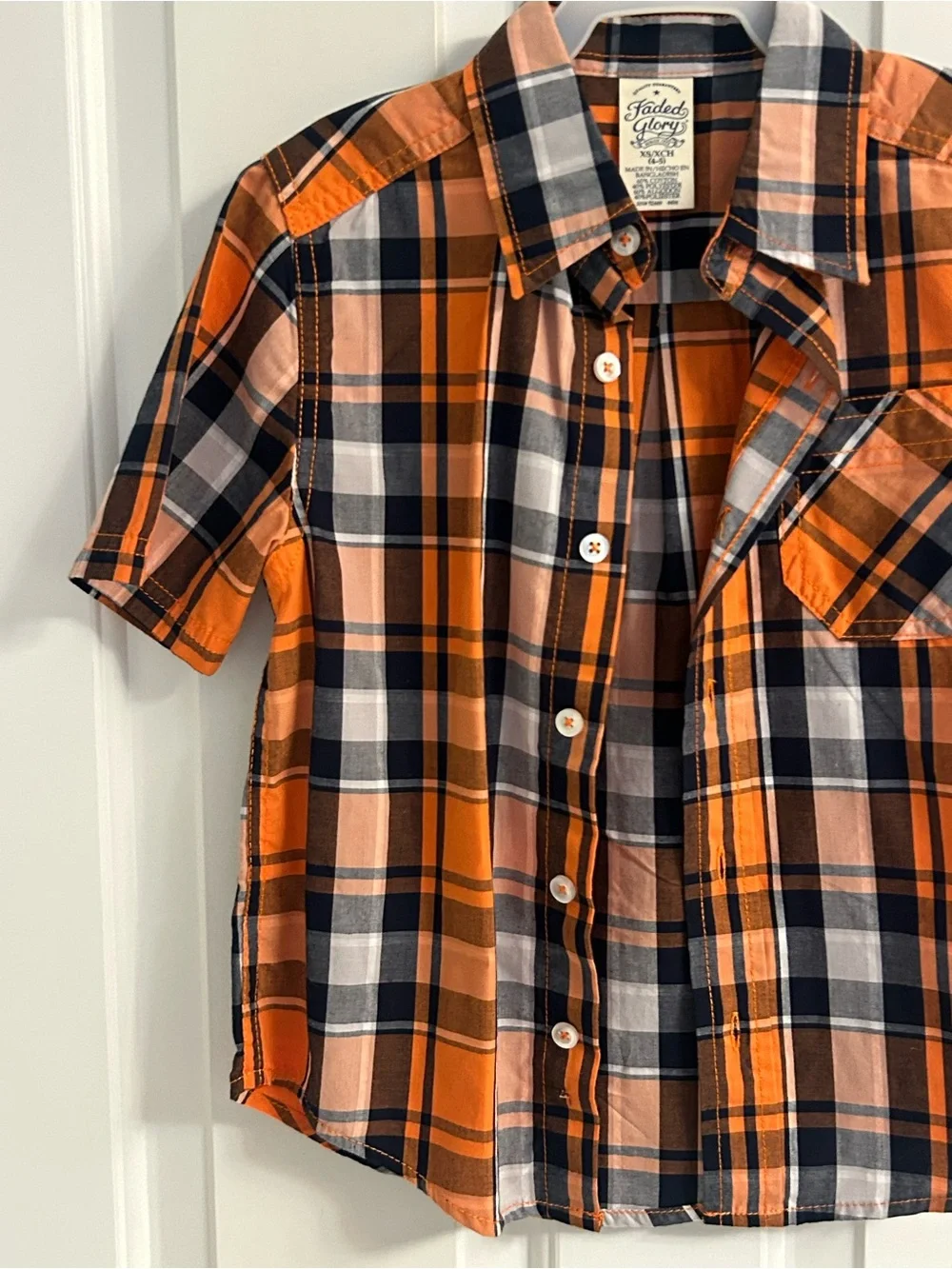 NWOT-Boys Faded Glory Orange and Black Plaid Short-Sleeve Button-Down Shirt